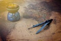 compass or dividers on old world map. Travel, Royalty Free Stock Photo