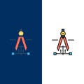 Compass, Drawing, Education, Engineering  Icons. Flat and Line Filled Icon Set Vector Blue Background Royalty Free Stock Photo