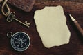 Compass on dry leaf texture background, journey planning concept, blank space, top view Royalty Free Stock Photo