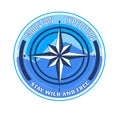 Compass emblem with mountain expedition text. Stay wild and free slogan with compass rose. Adventure and travel theme