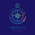 Compass and Fishing rod circle frame shape logo icon outline stroke set dash line design illustration isolated on dark blue