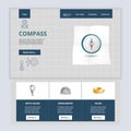 Compass flat landing page website template. Depth gauge, speedometer, ruler. Web banner with header, content and footer