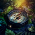 Compass in the forest, against the background of moss and tree leaves