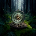 Compass in the forest, against the background of moss and tree leaves