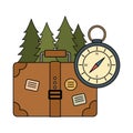 Compass guide with pines forest and suitcase
