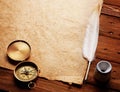 Compass, Inkwell and feather on a old paper