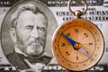 Compass Instrument in Front of a 50 US Dollar Bill Royalty Free Stock Photo