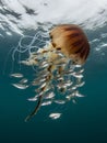 Compass Jellyfish, Chrysaora hysoscella and baitfish Royalty Free Stock Photo