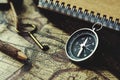 Compass, key, pencil and book on blur vintage map background, retro classic color tone, copy space