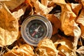 Compass lying in yellow autumn foliage.Concept recreation, travel, and tourism