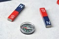 Compass among magnets  flat magnets Royalty Free Stock Photo