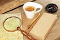 Compass Magnifier Vintage Notepad Gold Pen Coffee Cup Wood Table