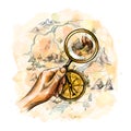 Compass and magnifying glass with treasure map