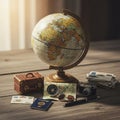 Compass a map an analog camera a stack of postcards a dark blue Royalty Free Stock Photo