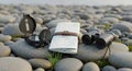 Compass, Map, Binoculars on Pebbles, Exploration Concept Royalty Free Stock Photo