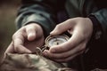 Compass and map in hands of traveler for checking and searching position and direction AI generated