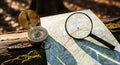 Compass, Map, Magnifying Glass Hiking Navigation Exploration Royalty Free Stock Photo