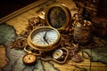 compass and map on old world map, An old compass, telescope, and coins on an antique world map, AI Generated Royalty Free Stock Photo