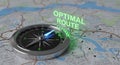 Compass on a map showing an optimal route with glowing green text indicating direction and navigation Royalty Free Stock Photo