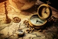 compass and map. world map and compass. compass with map, An old compass, telescope, and coins on an antique world map, AI Royalty Free Stock Photo