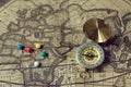 Compass and pins on blur vintage world map, journey concept, copy space Royalty Free Stock Photo