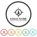 Compass Navigation Logo Template. Set icons in color circle buttons Royalty Free Stock Photo