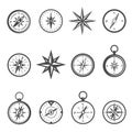 Compass, navigational equipment glyph vector icons set Royalty Free Stock Photo