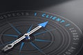 Compass with needle pointing the word client. customer relationship management. 3d illustration