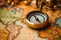 Compass on the old map. Vintage style. Selective focus, Magnetic compass on world map.Travel, geography, navigation, tourism and