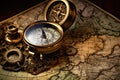 Compass and old map. Vintage style. Selective focus, Old compass, telescope, and coins on an antique world map, AI Generated Royalty Free Stock Photo