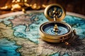 Compass on the old map of the world. Vintage style, Magnetic compass on world map.Travel, geography, navigation, tourism and