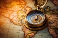 Compass on the old map of the world. Vintage style, Magnetic compass on world map.Travel, geography, navigation, tourism and