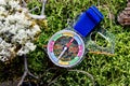 Compass for orienteering view from above on green moss