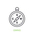 Compass outline icon. Vector illustration. Navigation equipment for orientation. Symbol of summertime, travel and tourism.