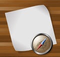 Compass and paper sheet over wooden background. Royalty Free Stock Photo