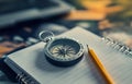 Compass and pencil on notebook for navigation and planning