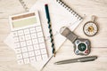 Compass, pocket watch, calculator, notepad, ruler, pen and pencil - retro scene Royalty Free Stock Photo