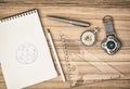Compass, pocket watch, notepad, ruler, pen and pencil - retro sc