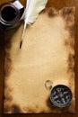 Compass and quill pen on old paper Royalty Free Stock Photo