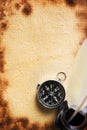 Compass and quill pen on old paper Royalty Free Stock Photo