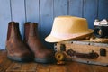 Compass, rope, hiking boots, old camera. explorer concept Royalty Free Stock Photo