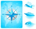 Compass rose, world map & contemporary transport Royalty Free Stock Photo