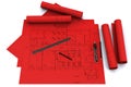 Compass, ruler and pencil on red architectural dra Royalty Free Stock Photo