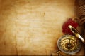 Compass and scroll with wax seal on vintage old paper Royalty Free Stock Photo