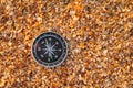 compass on sea sand and place for text. close up of navigation device on sandy beach without people, top view Royalty Free Stock Photo