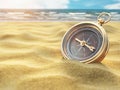 Compass on sea sand. Travel destination and navigation concept. Royalty Free Stock Photo