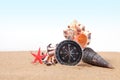 Compass, seashells on and starfish the sea sand Royalty Free Stock Photo