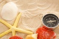 Compass, seastar and seashells in sand Royalty Free Stock Photo