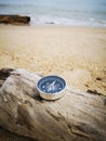 A compass showing the direction point to north on an old tree that washed up during the low tide.,