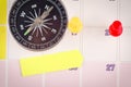 Compass, sticky paper and thumbtacks on calendar for planning concept background.